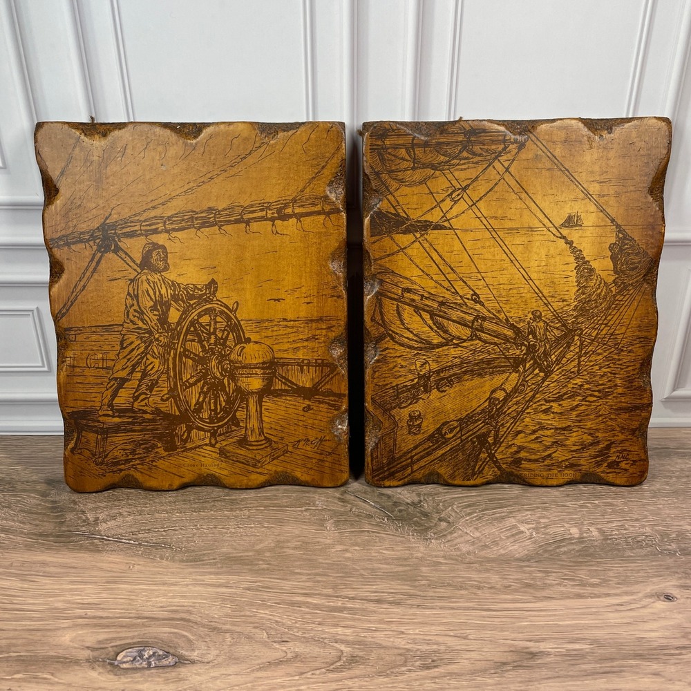 Vintage Nautical Wall Art Sailing Ship Wood Plaques Close Hauled Riding The Hook
